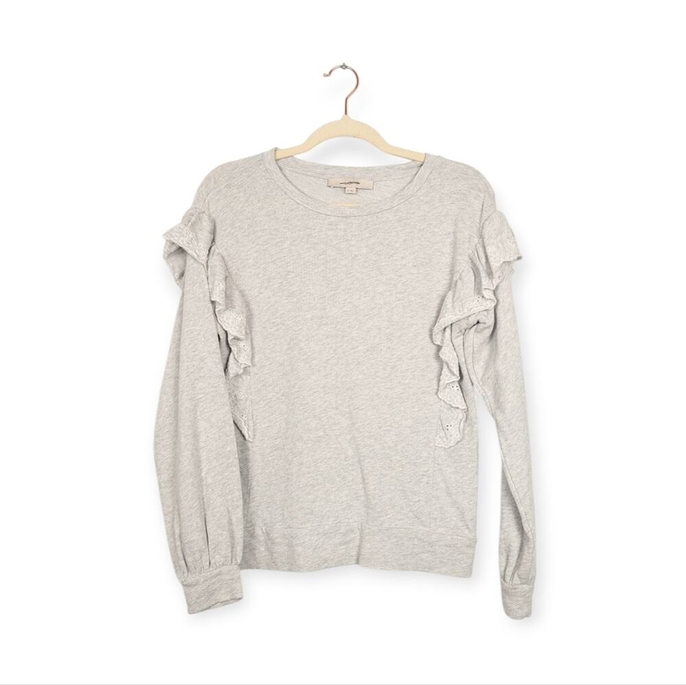 LOFT Light Grey Embroidered Ruffle Long Sleeve Sweatshirt Size XS